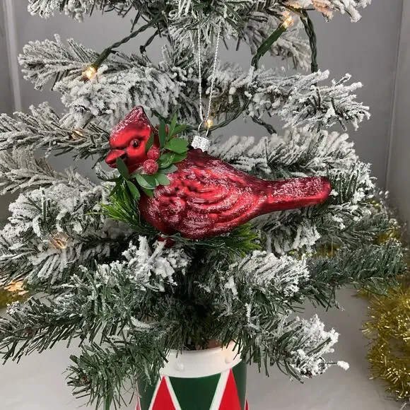 Christmas Ornament- Festive Red Cardinal Sitting On Leaves And Berries - Picture 2 of 5